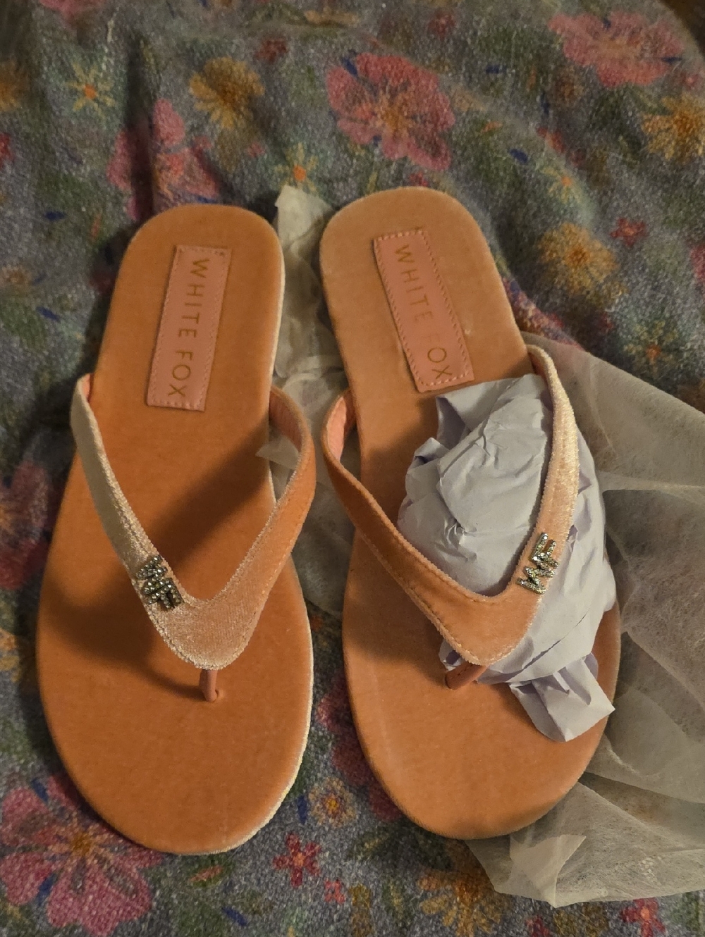 White Fox Boutique Peach Velvet Thong Sandals with Metallic Accent